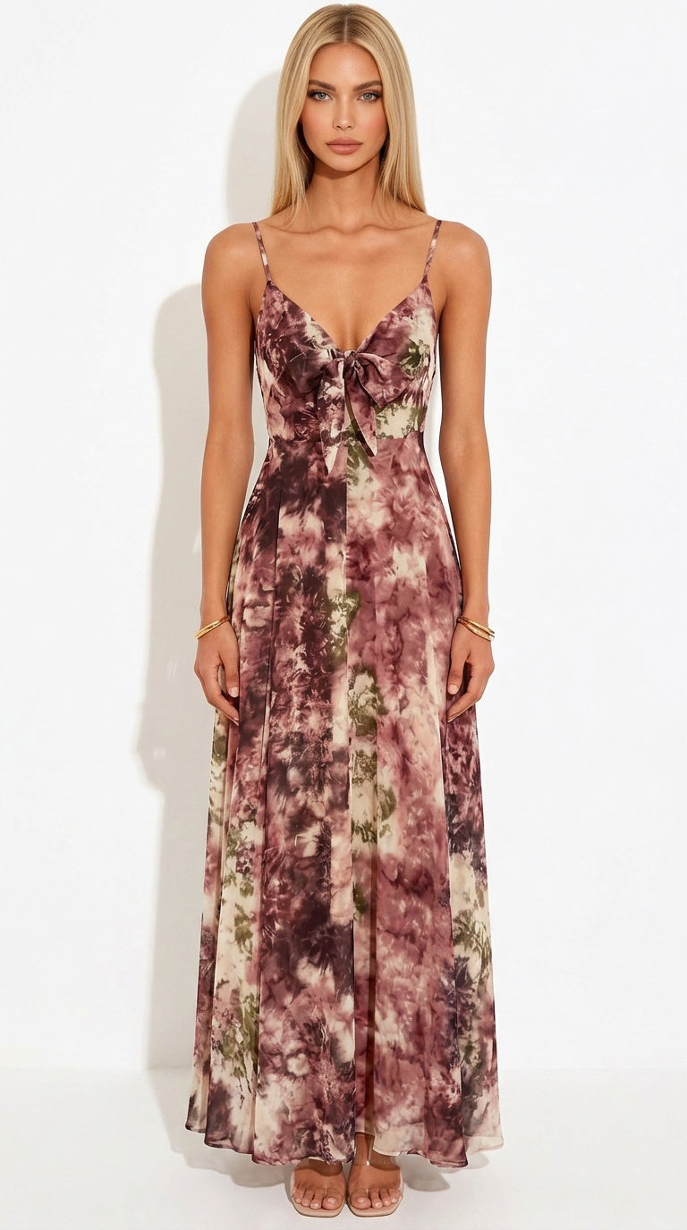 Botanical Maxi Dress – Tie-Front Floral & Print Chiffon Dress