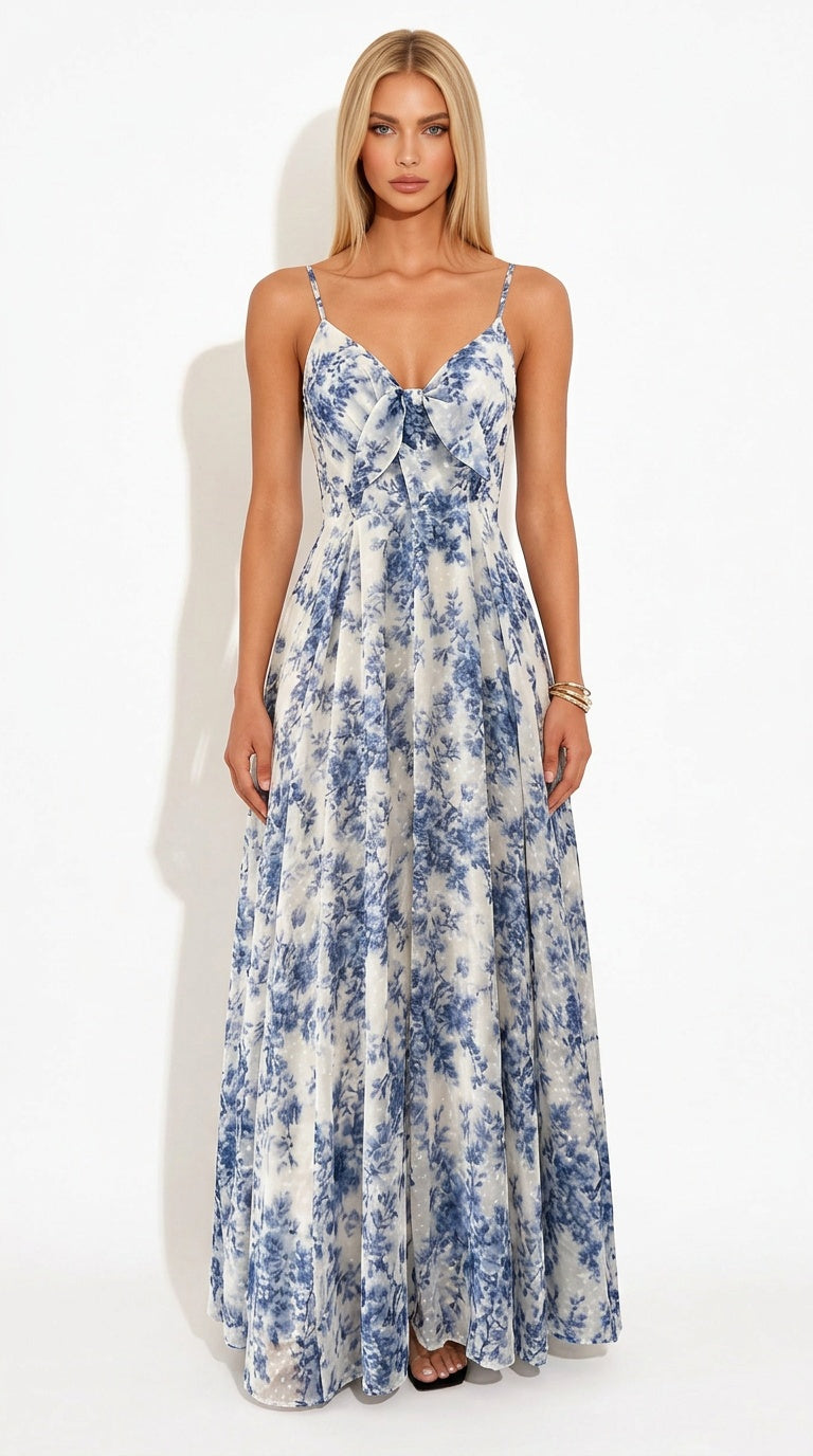 Botanical Maxi Dress – Tie-Front Floral & Print Chiffon Dress