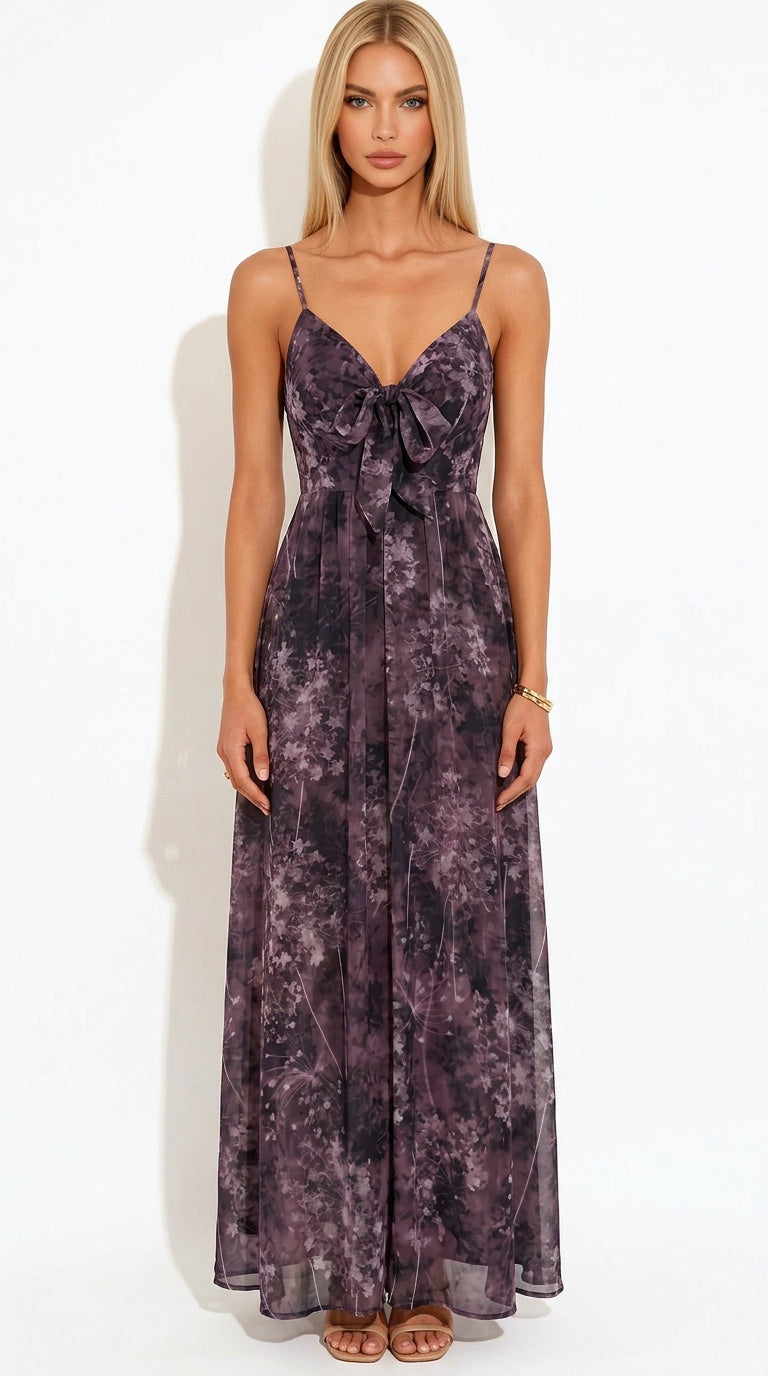 Botanical Maxi Dress – Tie-Front Floral & Print Chiffon Dress