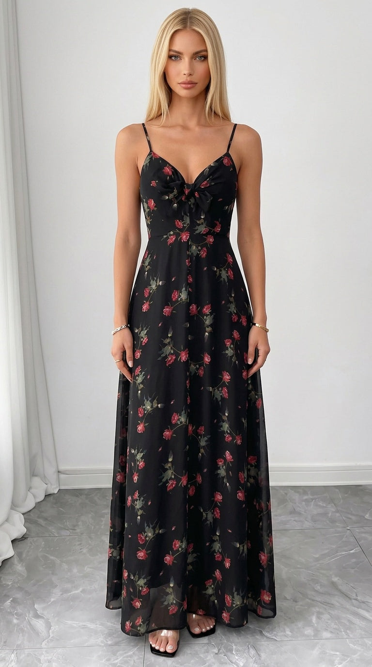 Botanical Maxi Dress – Tie-Front Floral & Print Chiffon Dress
