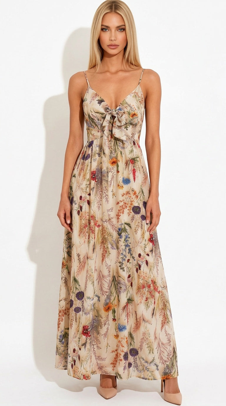 Botanical Maxi Dress – Tie-Front Floral & Print Chiffon Dress