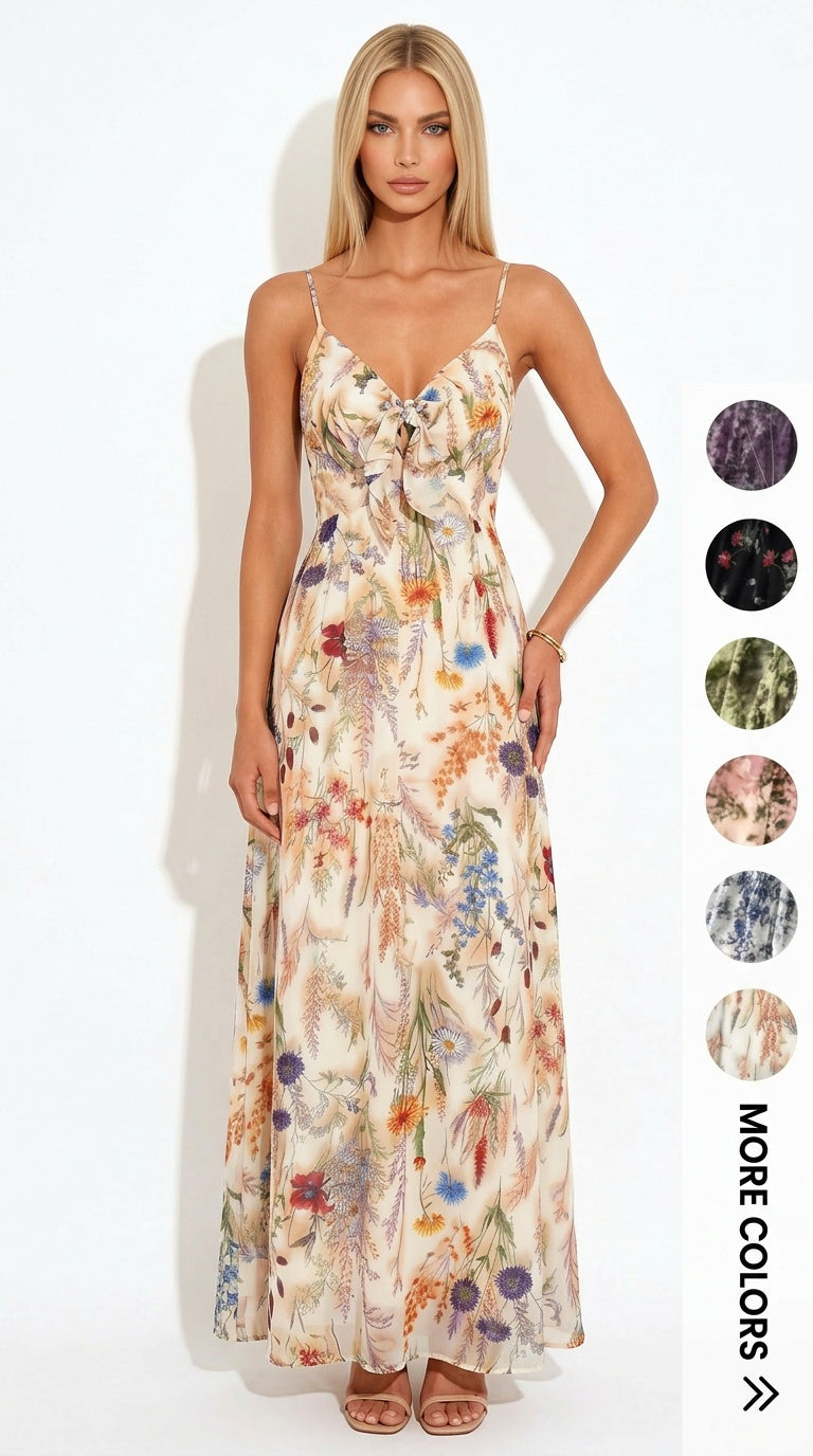 Botanical Maxi Dress – Tie-Front Floral & Print Chiffon Dress